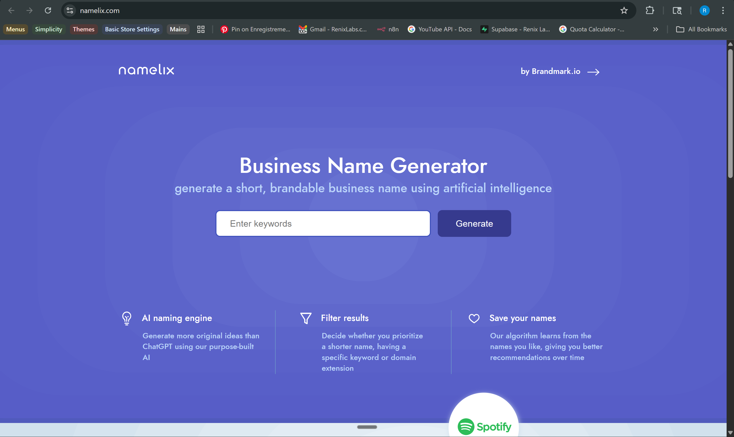 Namelix homepage — Business Name Generator
